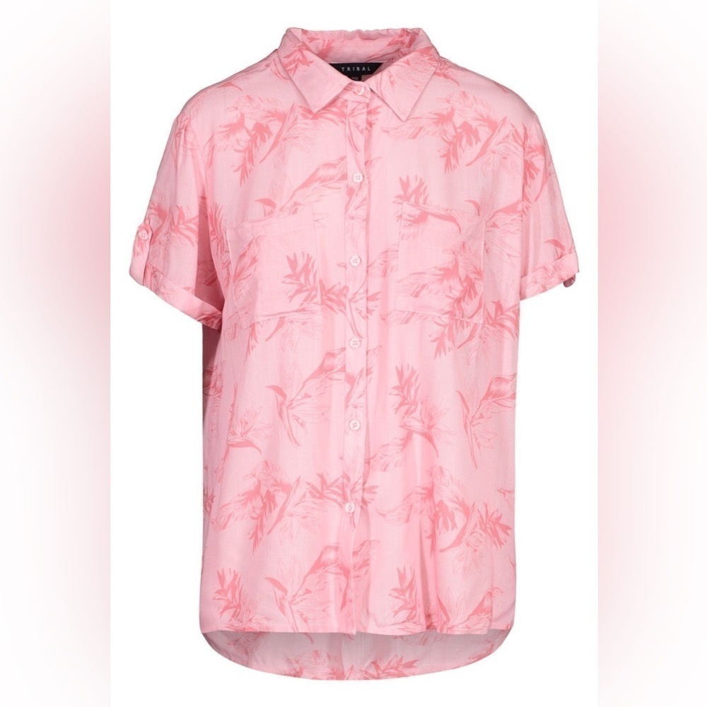 Tribal Short-Sleeved Woven Shirt Punch Pink Tropical Palm Trees Size Large NWT
